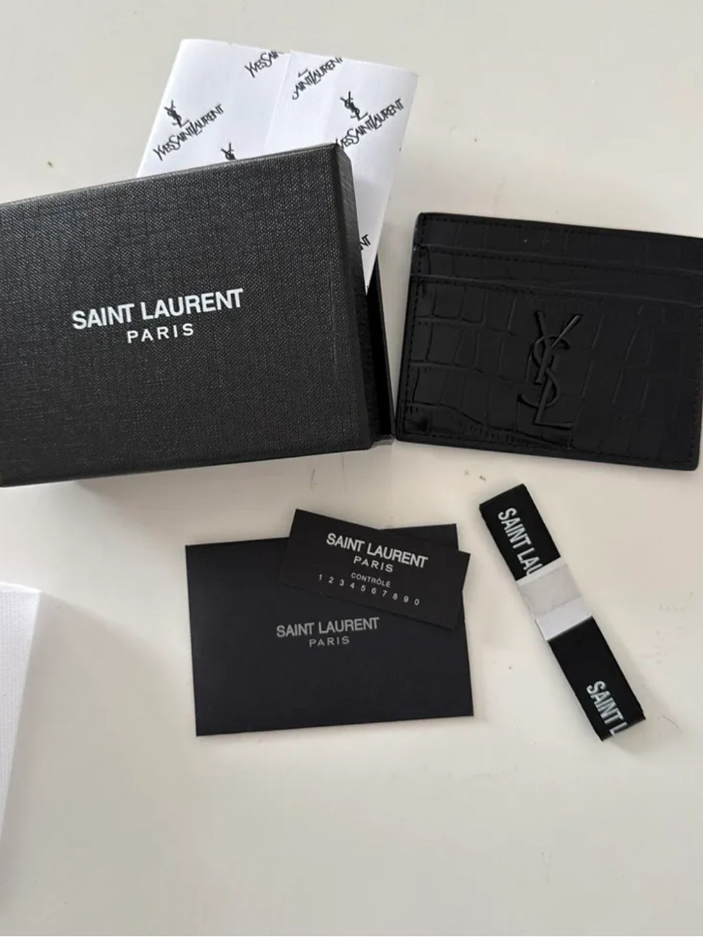 SAINT LAURENT Black Croc-Embossed Card wallet with YSL Logo